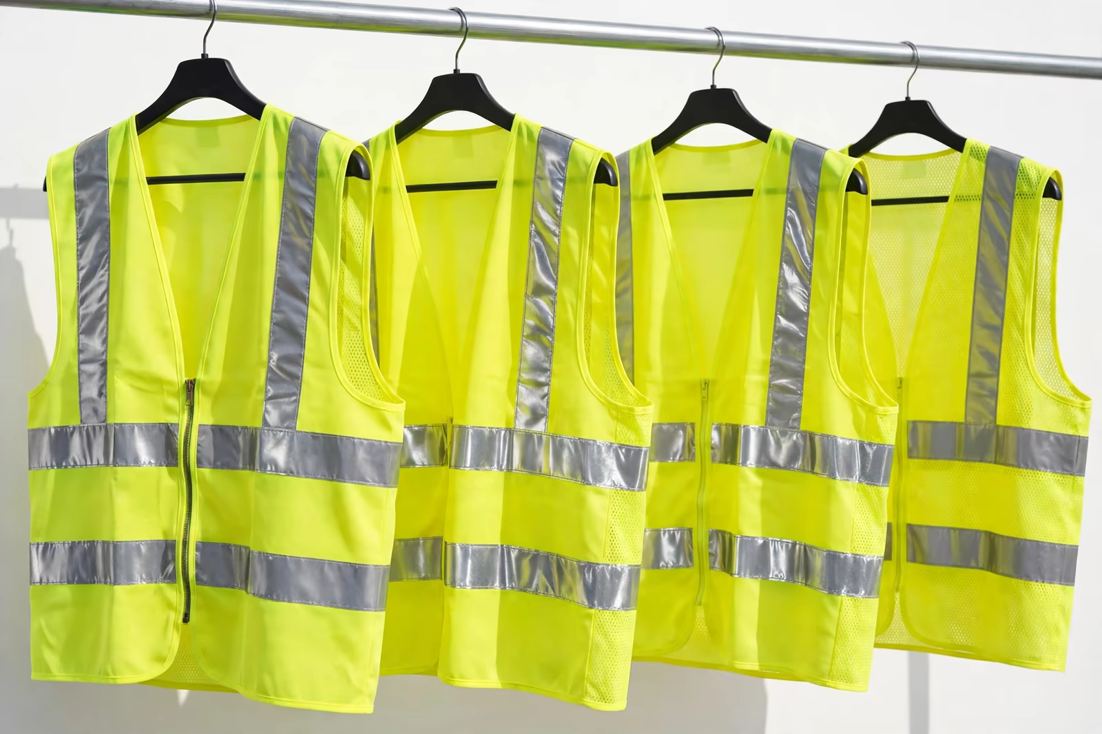 High-visibility vests with reflective bands hanging on a rail for event marshals, produced by a clothing manufacturer in Bangladesh