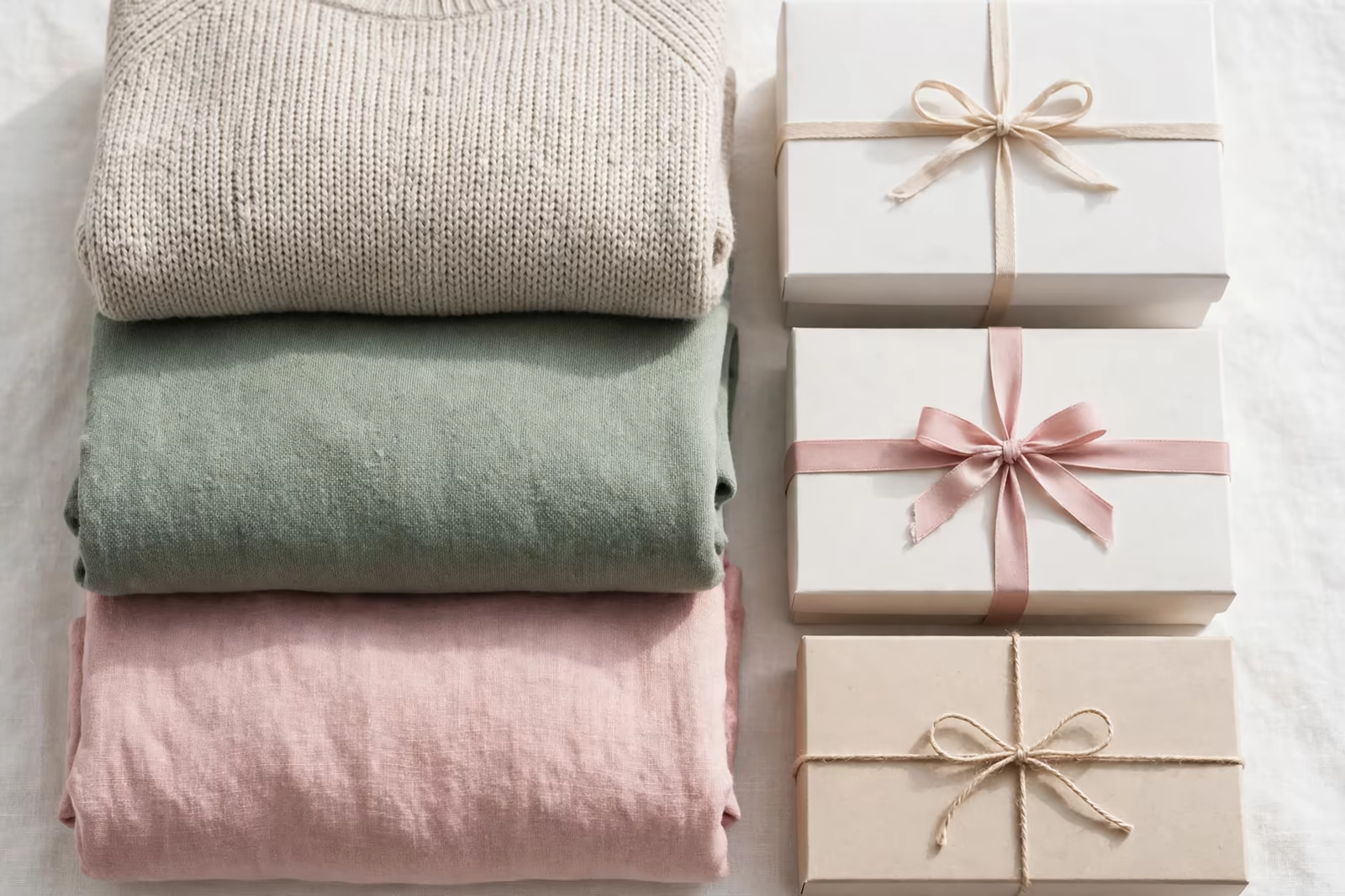 Gift-ready folded garments beside plain gift boxes tied with ribbon, produced by a clothing manufacturer in Bangladesh