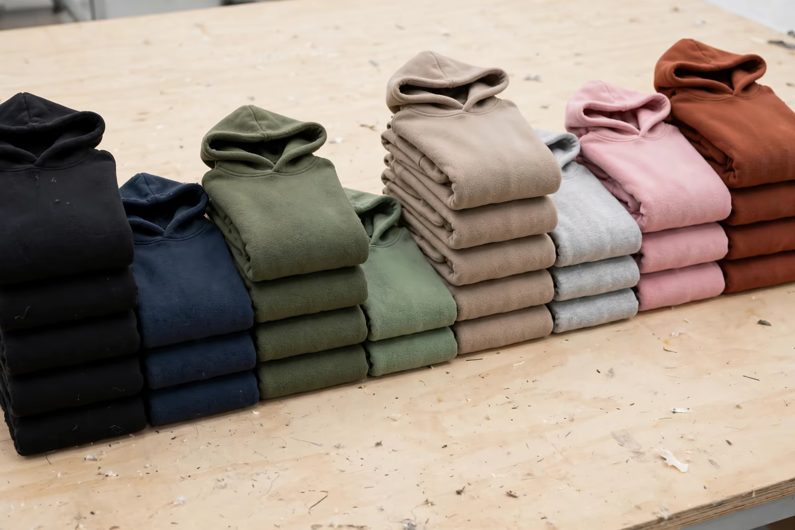 Stacks of folded hoodies in a colour range on a factory table, produced by a clothing manufacturer in Bangladesh