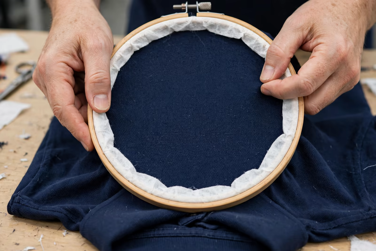 Hooping a polo shirt with backing ready for embroidery in Bangladesh