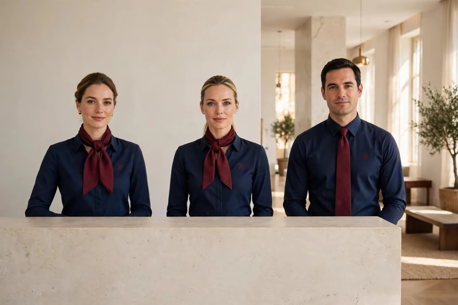 A hotel front desk team in navy uniforms with burgundy scarves behind a reception counter, produced by a clothing manufacturer in Bangladesh