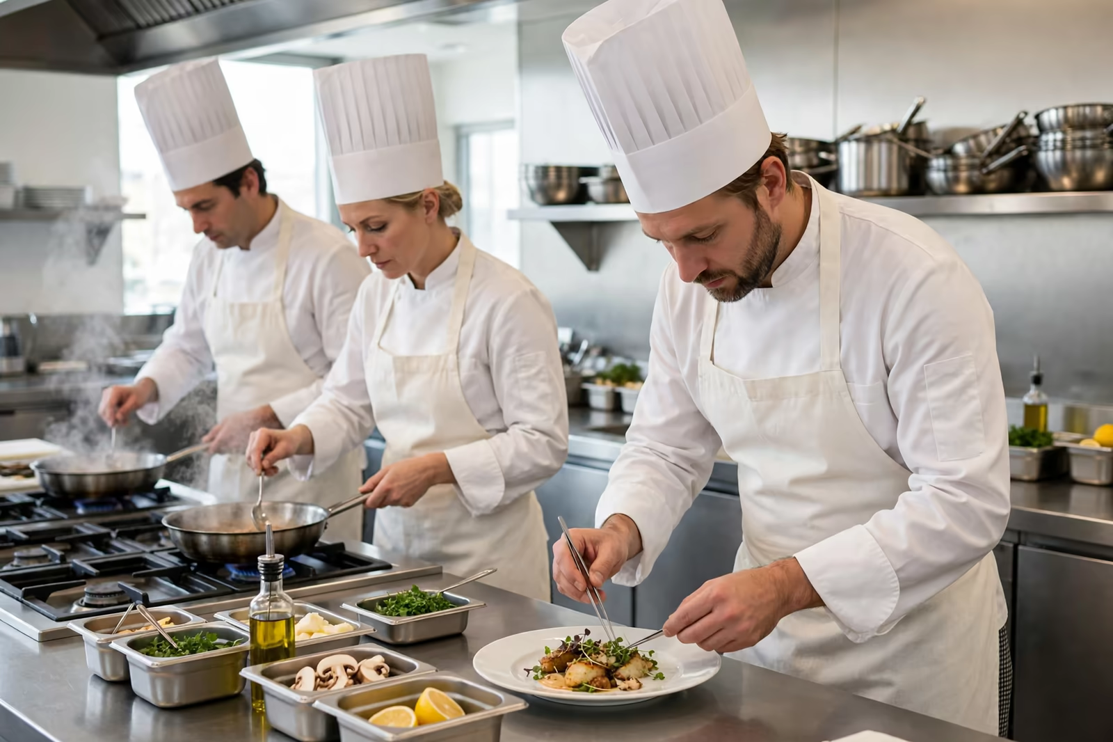 Chefs in white jackets and aprons working in a hotel kitchen, produced by a clothing manufacturer in Bangladesh