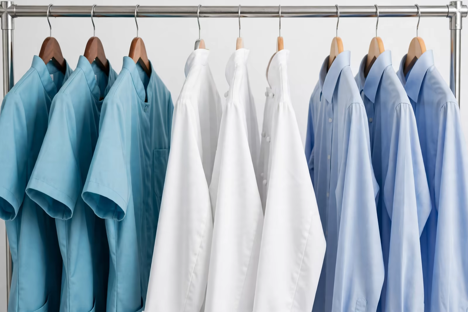 Hotel uniform sets for housekeeping, kitchen and front desk staff hanging on one rail, produced by a clothing manufacturer in Bangladesh
