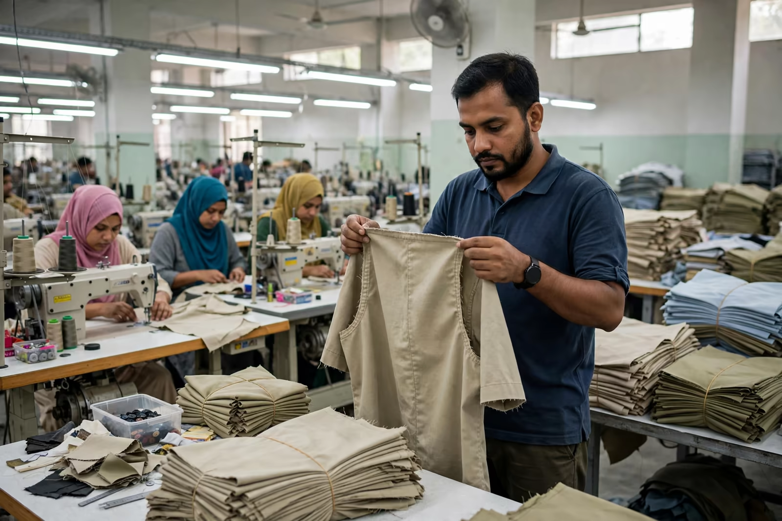 Inline inspector holding a garment panel up for checking at a sewing line in Bangladesh