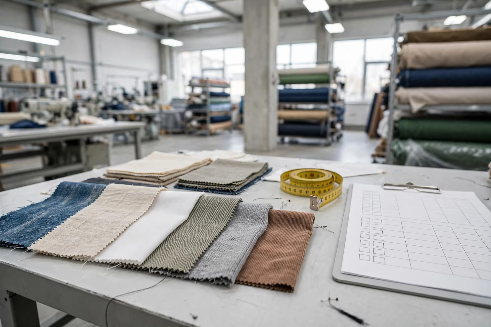 An inspection table with fabric samples, a tape measure and a blank rating chart in a bright factory, produced by a clothing manufacturer in Bangladesh