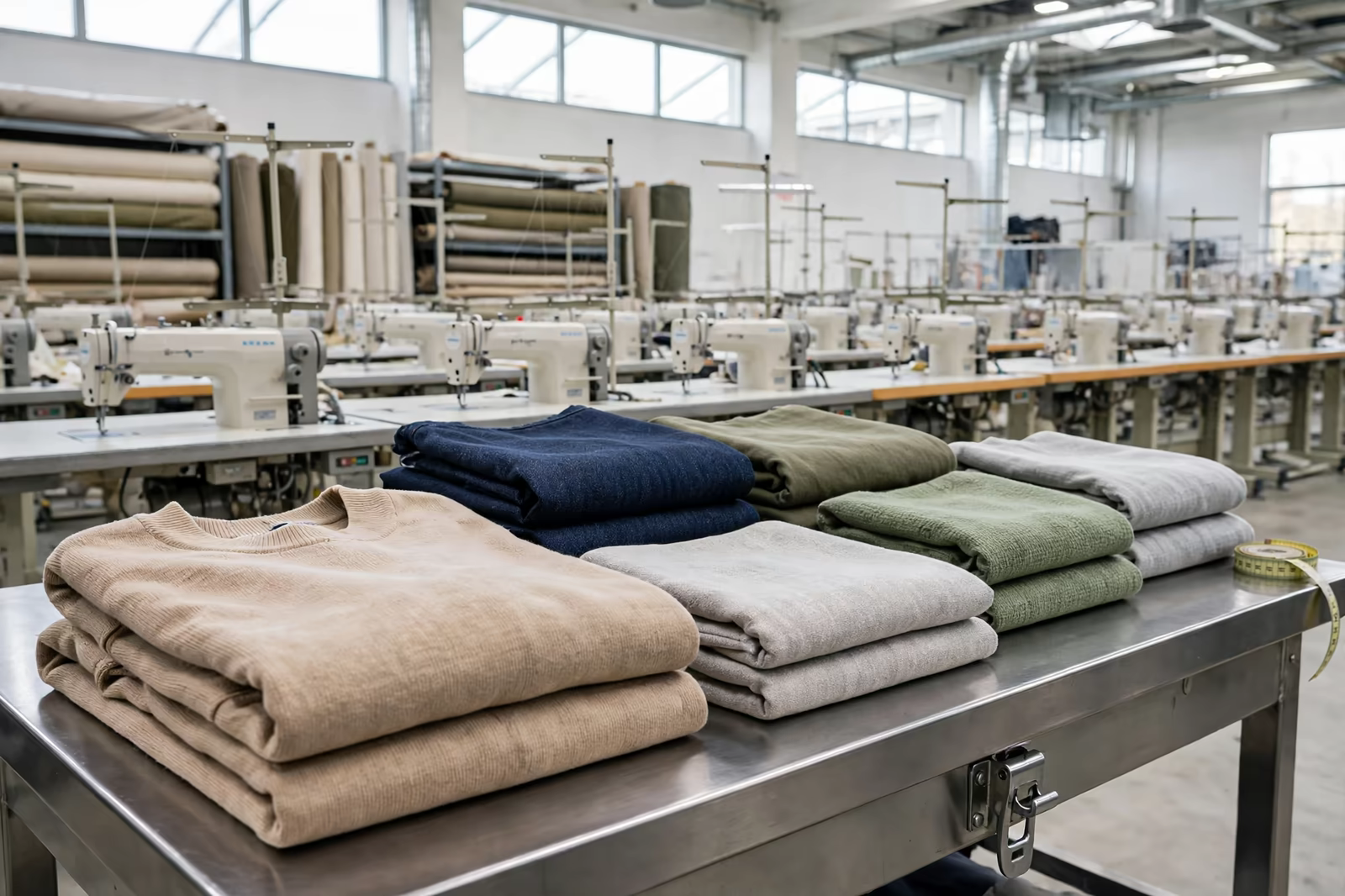 Folded garments on an inspection table with sewing lines behind it in a bright factory, produced by a clothing manufacturer in Bangladesh