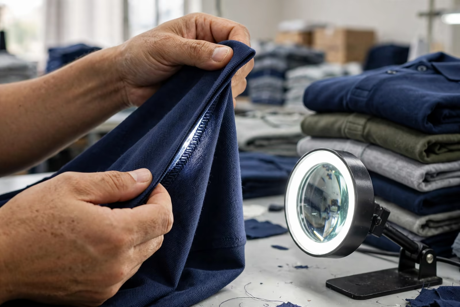 Inspector examining a garment seam for defects at a final inspection table in Bangladesh