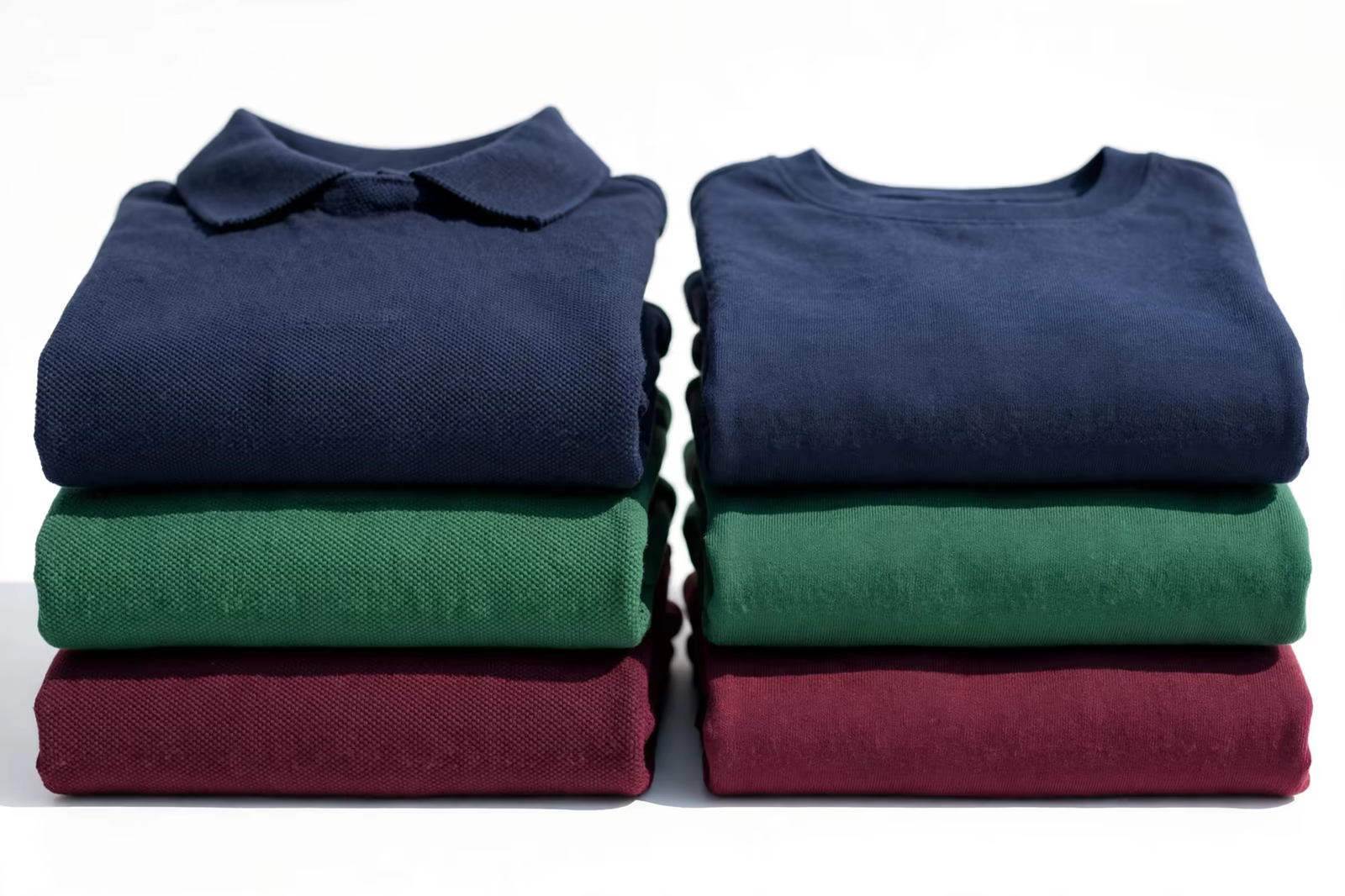 Folded kids polo shirts and t-shirts in school colours stacked neatly, produced by a clothing manufacturer in Bangladesh