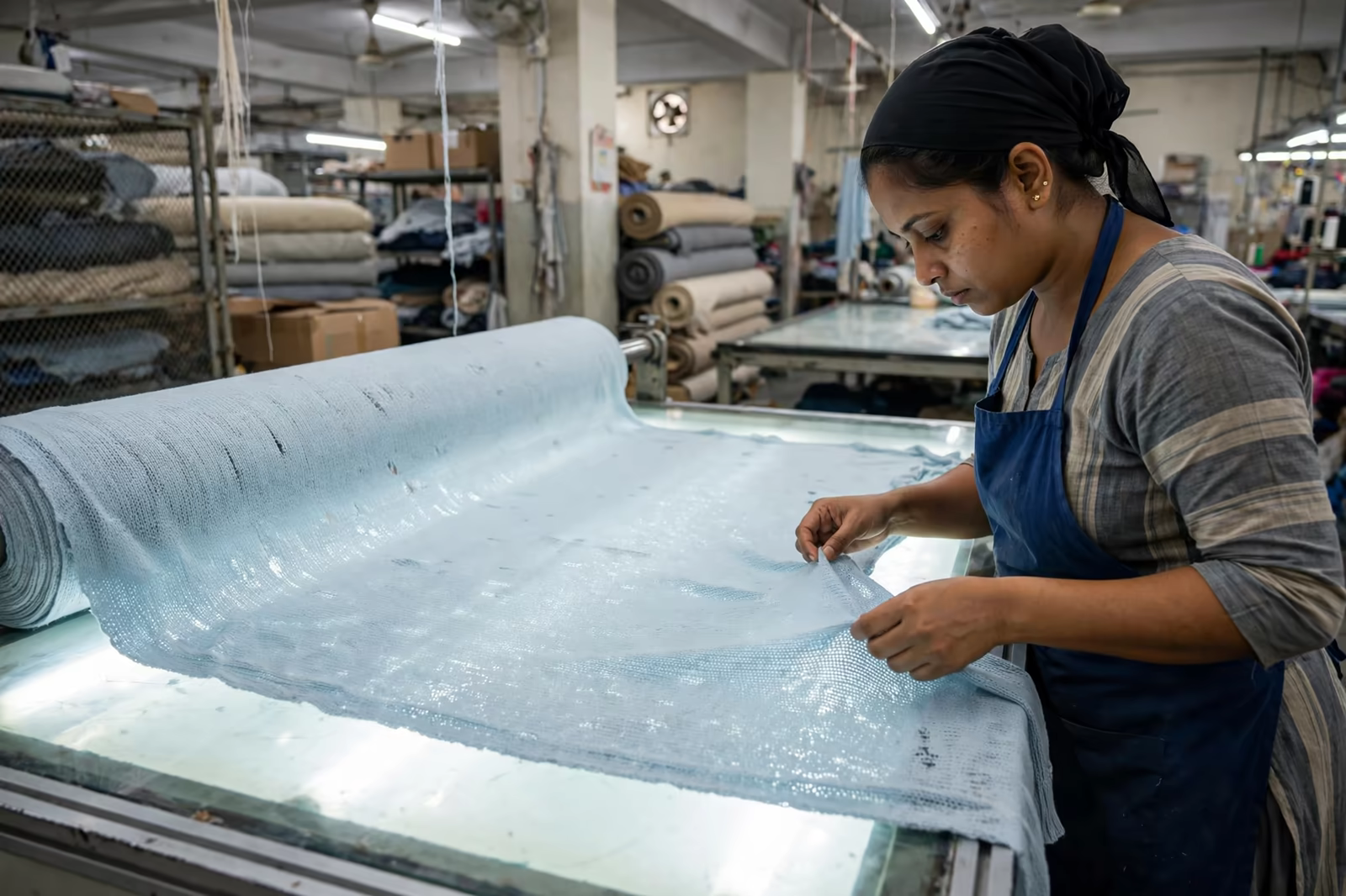 Knitted fabric checked over a light table before cutting in Bangladesh