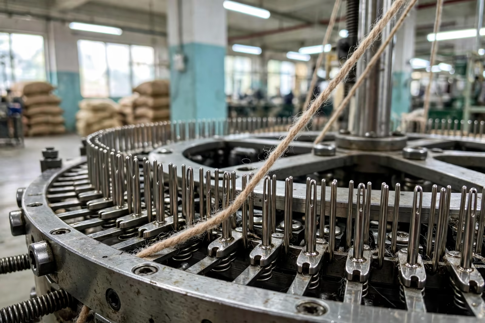 Knitting machine needles at fine gauge pitch