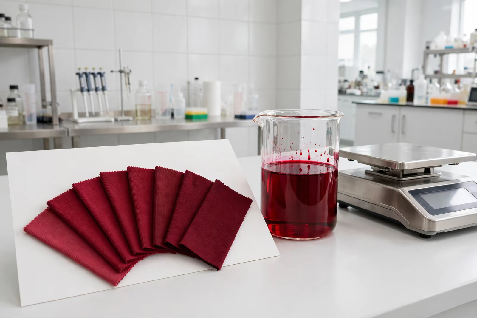 Lab dip swatches in graded colour variants on production fabric from a dye house in Bangladesh