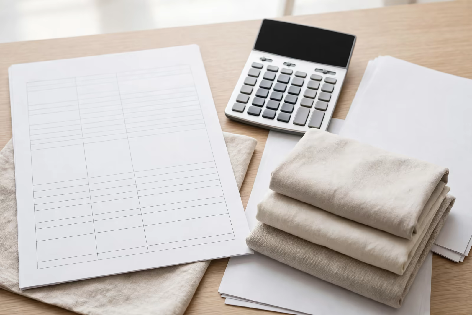 A blank cost worksheet, calculator and folded garments on a desk, produced by a clothing manufacturer in Bangladesh