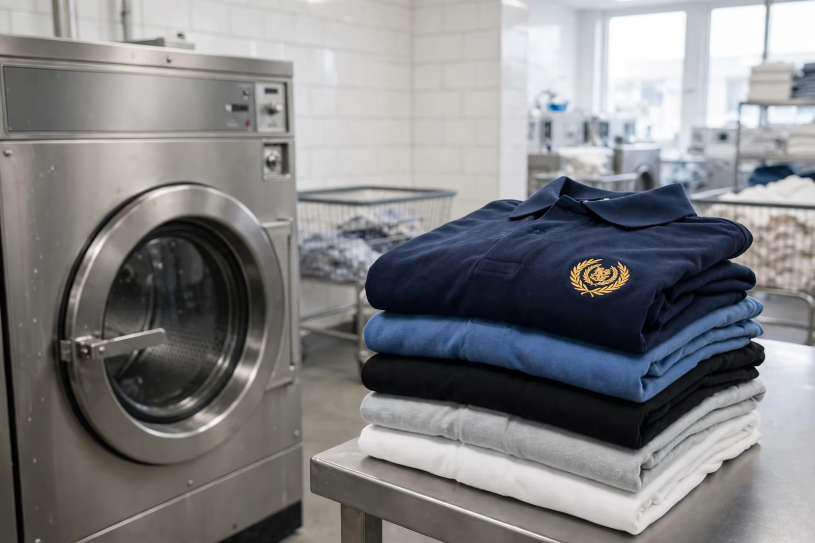 Laundered embroidered polo shirts stacked in Bangladesh