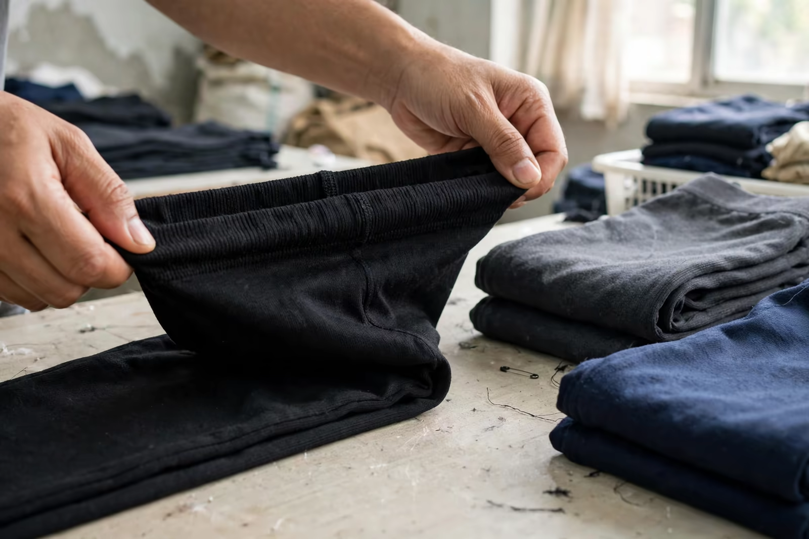 Leggings fabric checked for stretch and recovery by hand