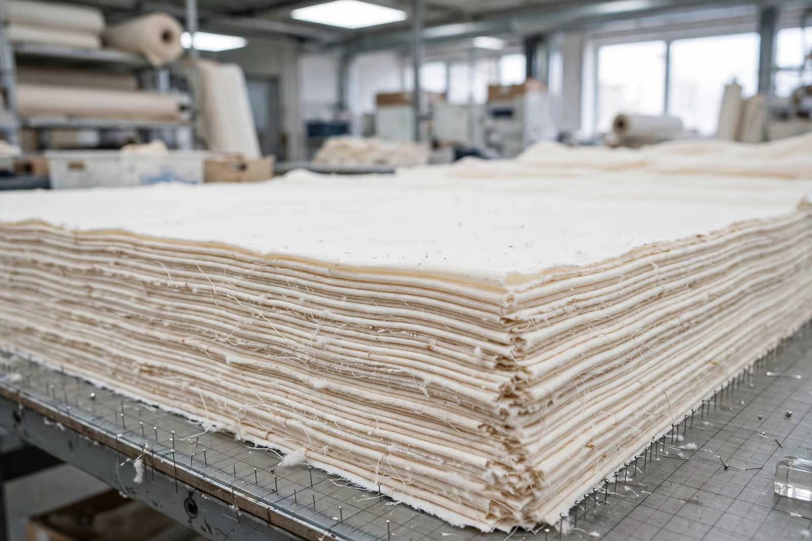 A deep cutting lay of fabric spread across a factory cutting table, produced by a clothing manufacturer in Bangladesh