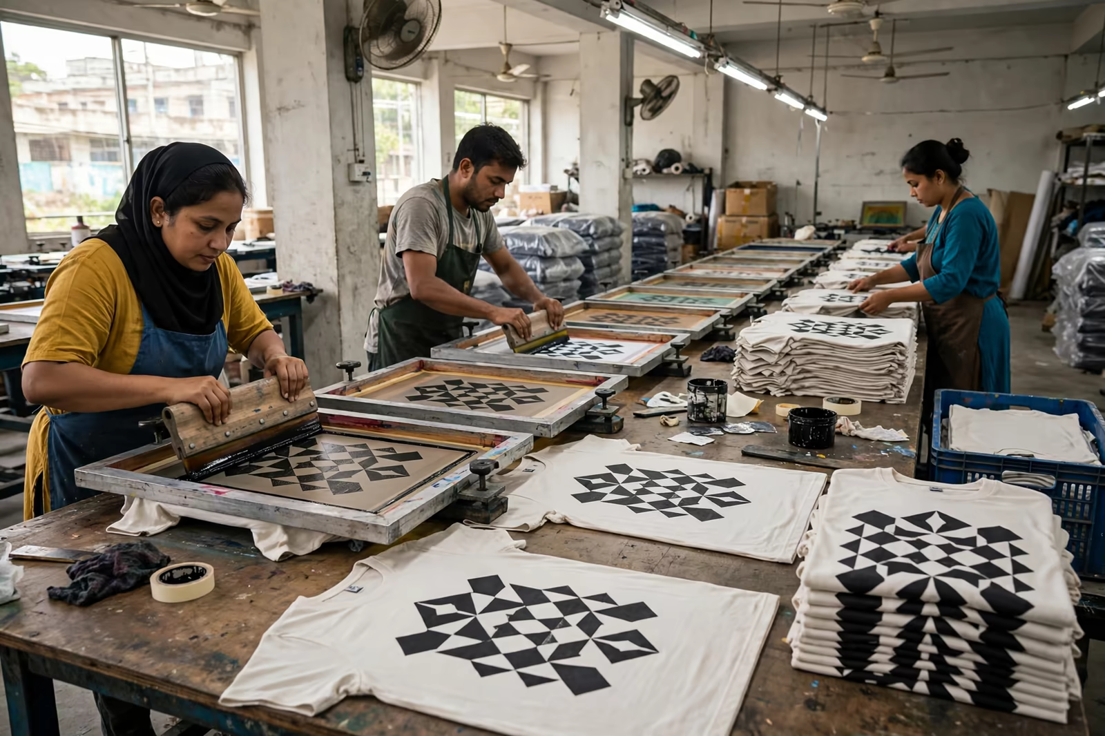Manual screen printing of a geometric chest graphic on t-shirts in Bangladesh