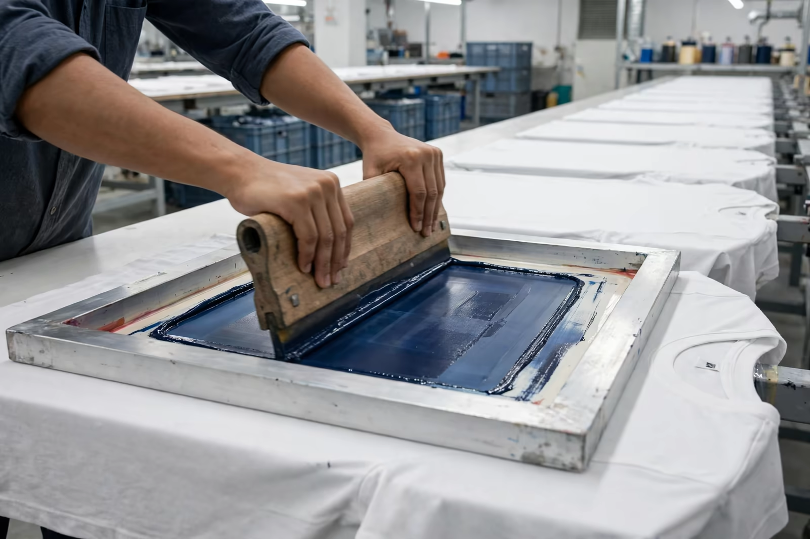 Manual screen printing long table work in Bangladesh