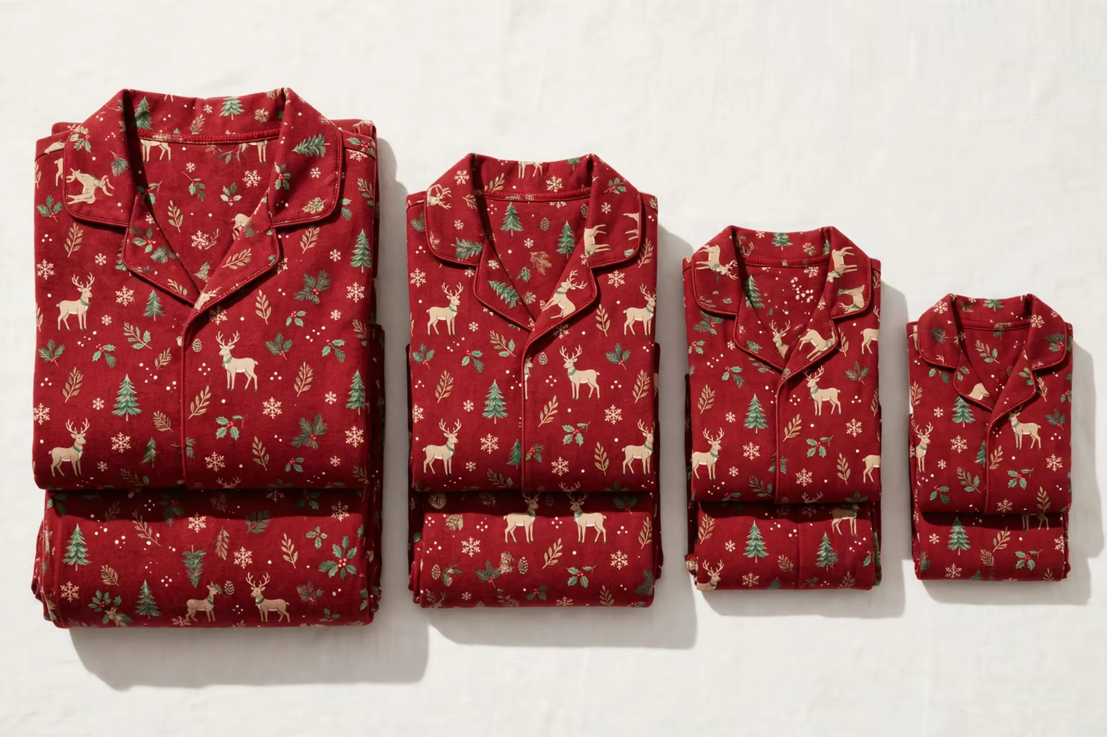 Matching family pyjama sets in one festive reindeer print folded in graded sizes, produced by a clothing manufacturer in Bangladesh
