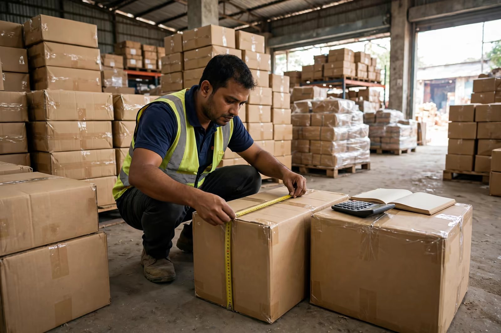 Cartons being measured to calculate shipping volume