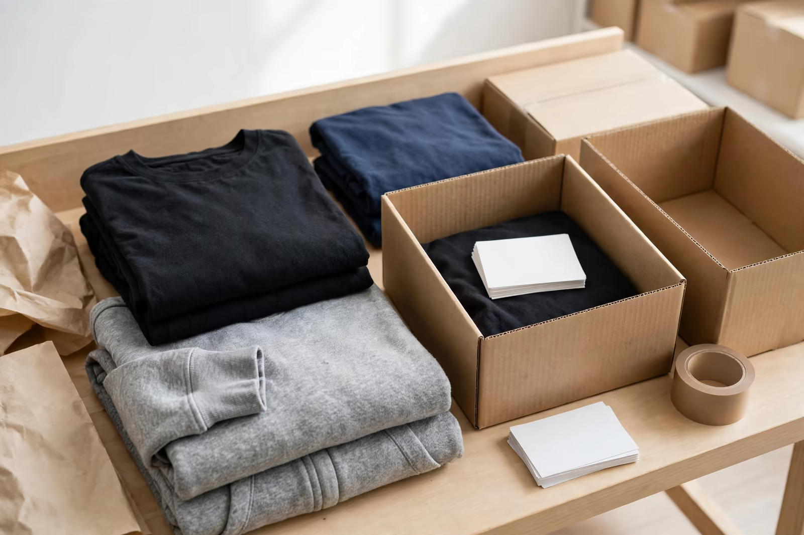 Folded merch garments packed into plain shipping boxes with blank cards at a tidy bench, produced by a clothing manufacturer in Bangladesh