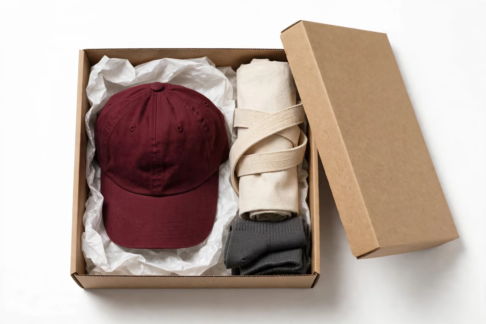 Merch gift set box with cap, tote and socks from a manufacturer in Bangladesh