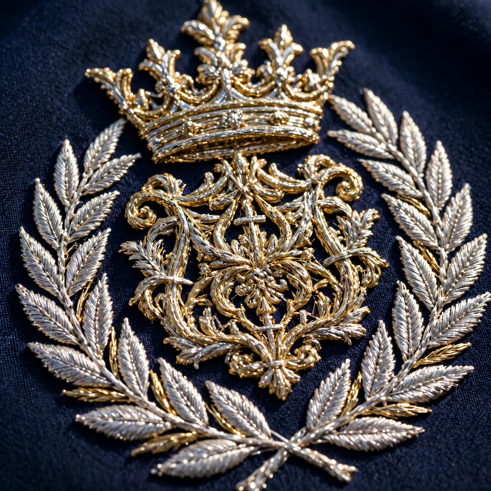 Metallic gold thread embroidery crest in Bangladesh