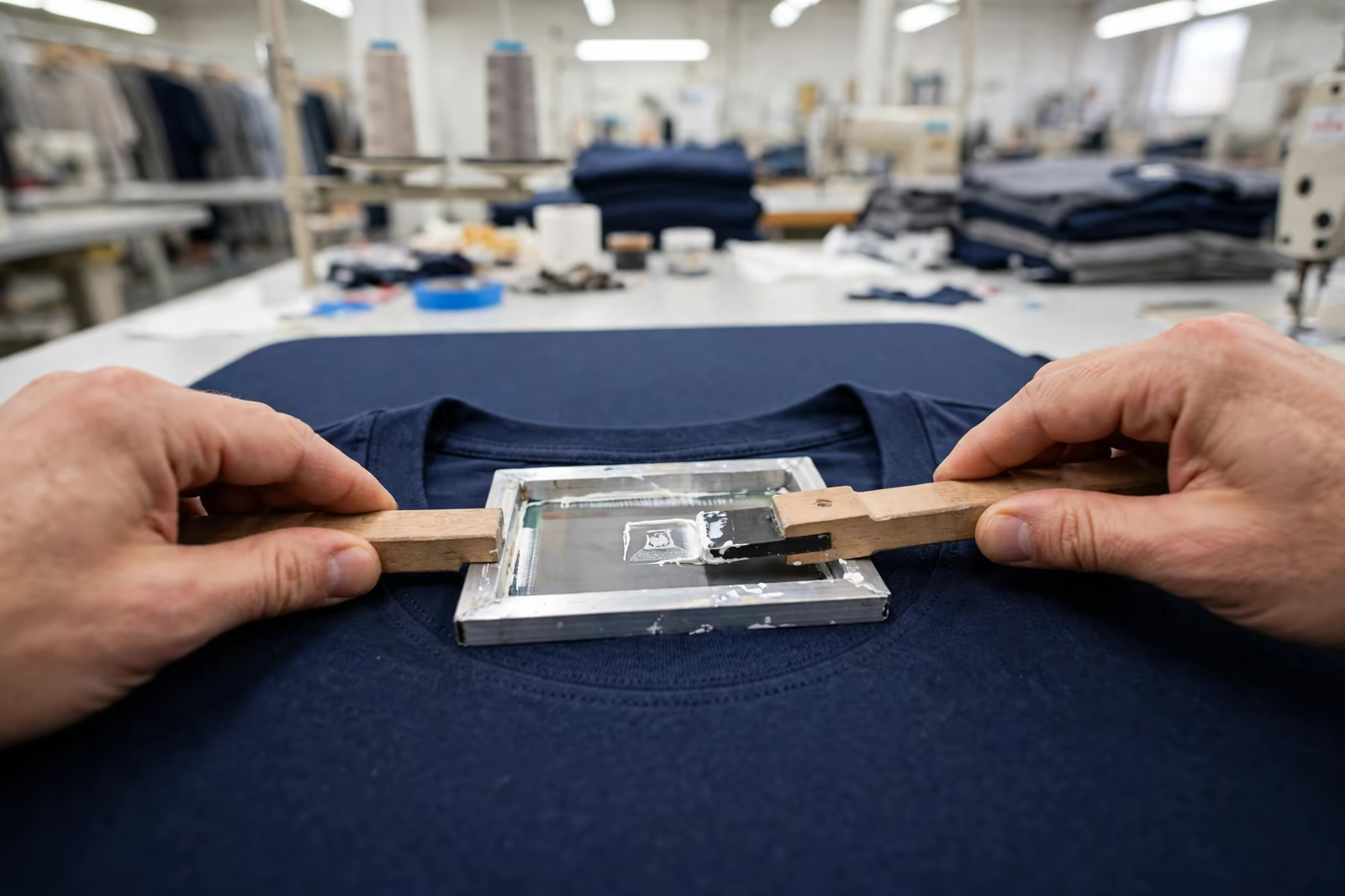 Screen printing a small neck label on a navy t-shirt in Bangladesh