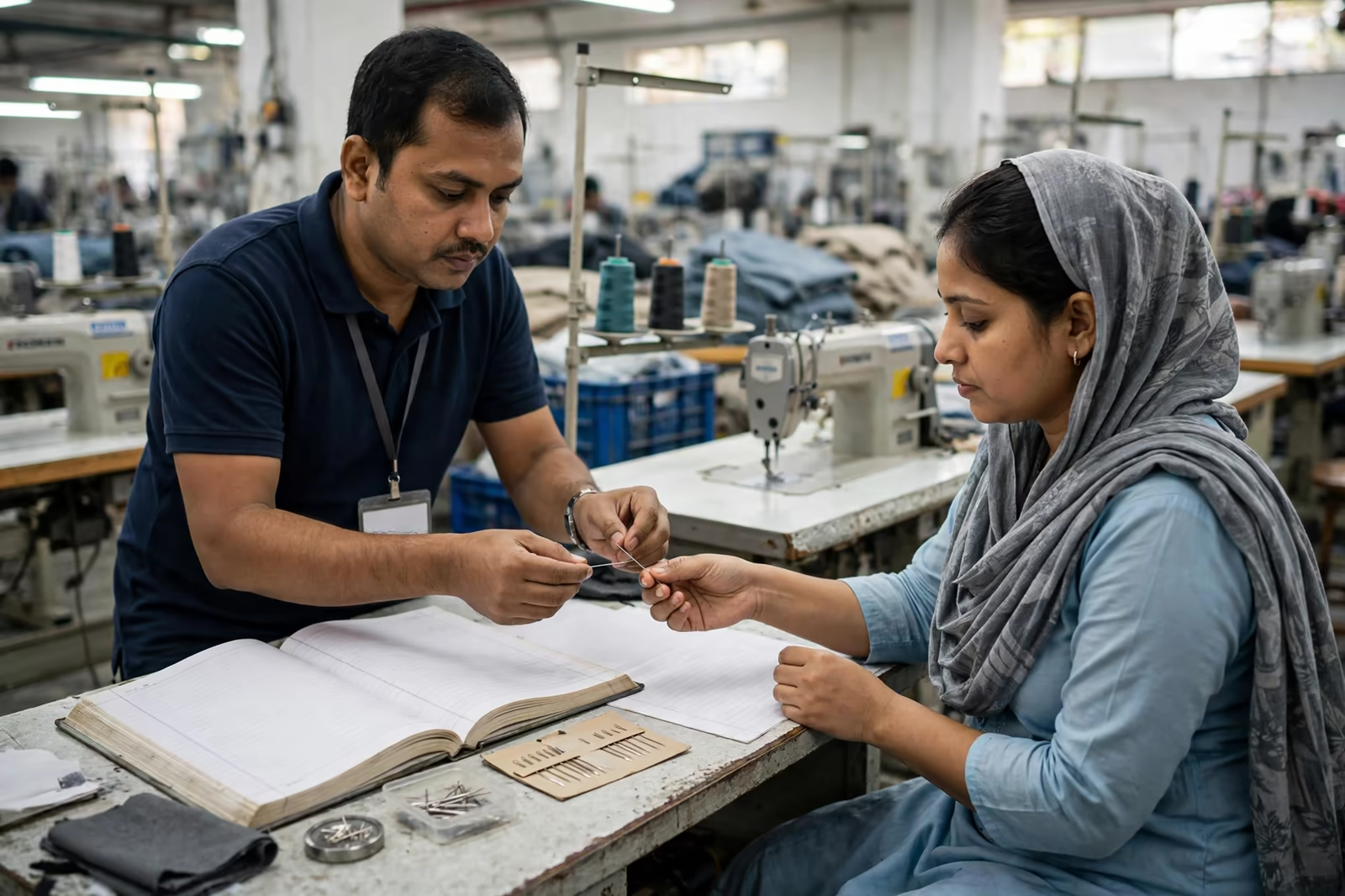 Supervisor recording a needle issue in the register on a sewing floor in Bangladesh