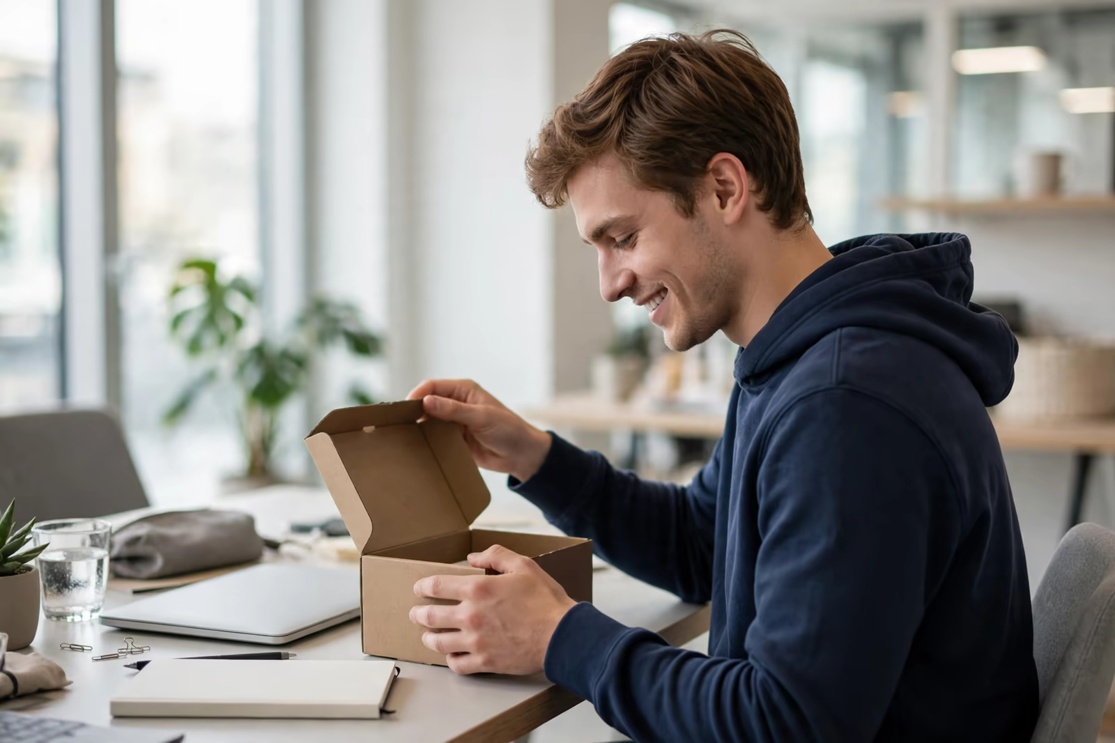 A new starter in a navy hoodie opening a welcome kit box at an office desk, produced by a clothing manufacturer in Bangladesh