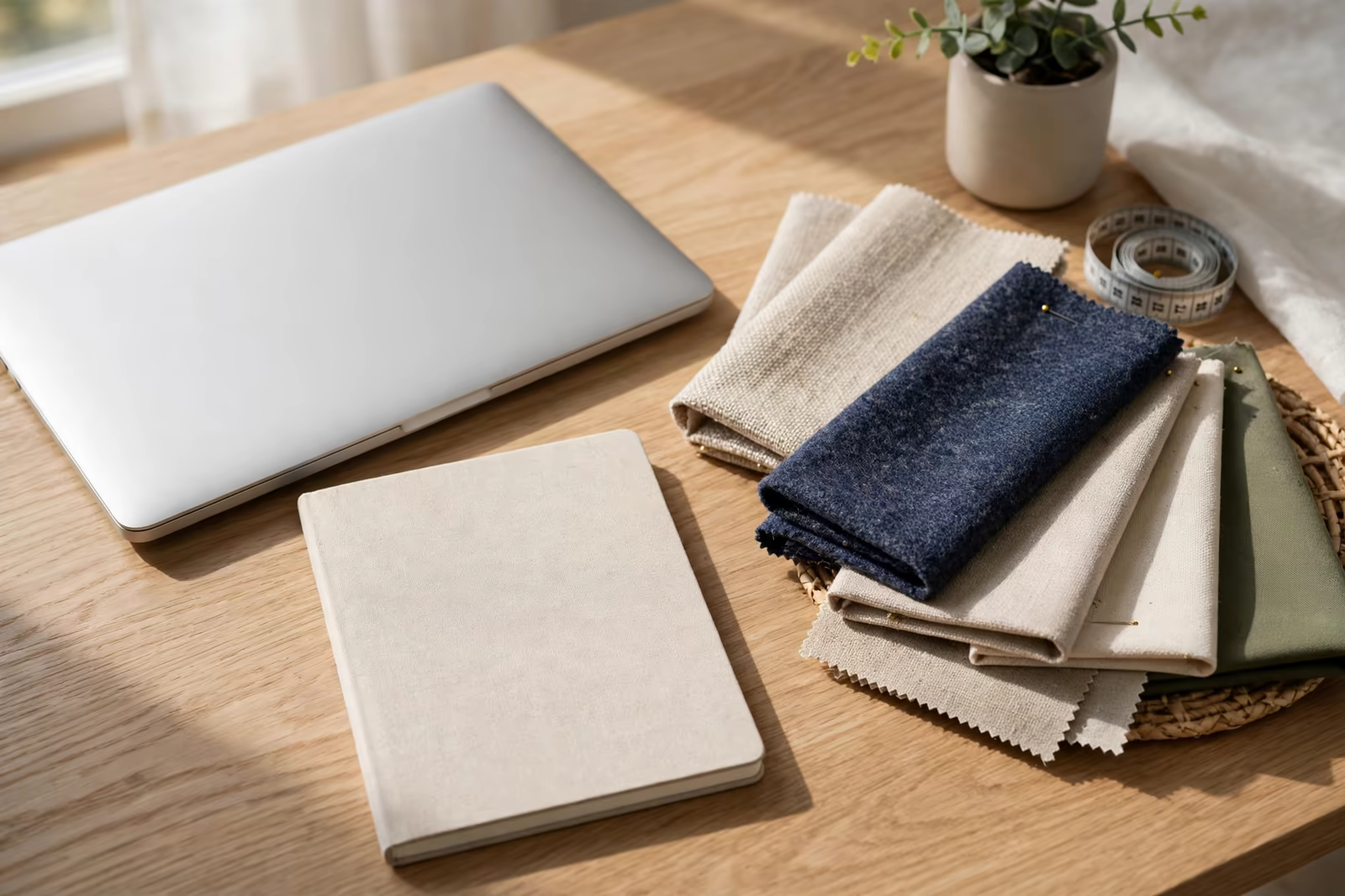 An office desk with a closed laptop, a blank notebook and fabric samples in morning light, produced by a clothing manufacturer in Bangladesh