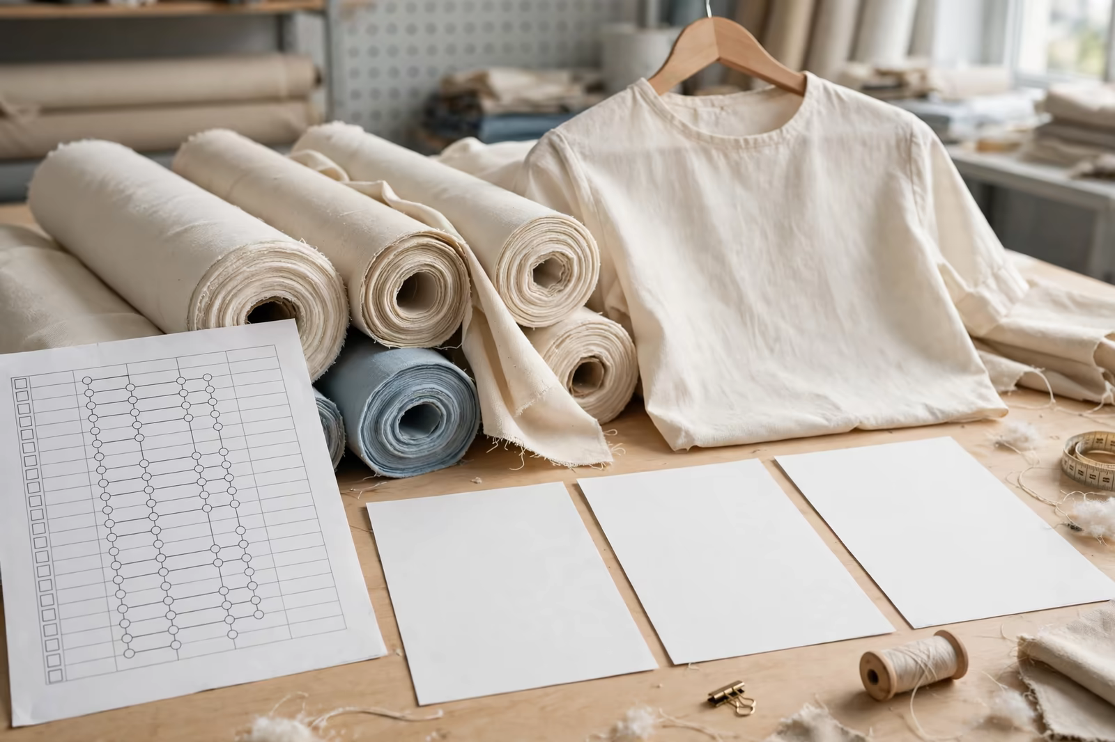 Fabric rolls, a sample garment and blank stage papers on a factory desk, produced by a clothing manufacturer in Bangladesh