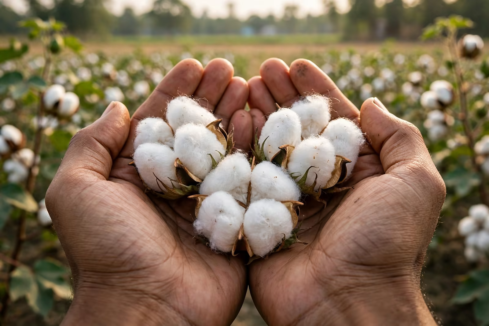 Organic cotton bolls held in open hands