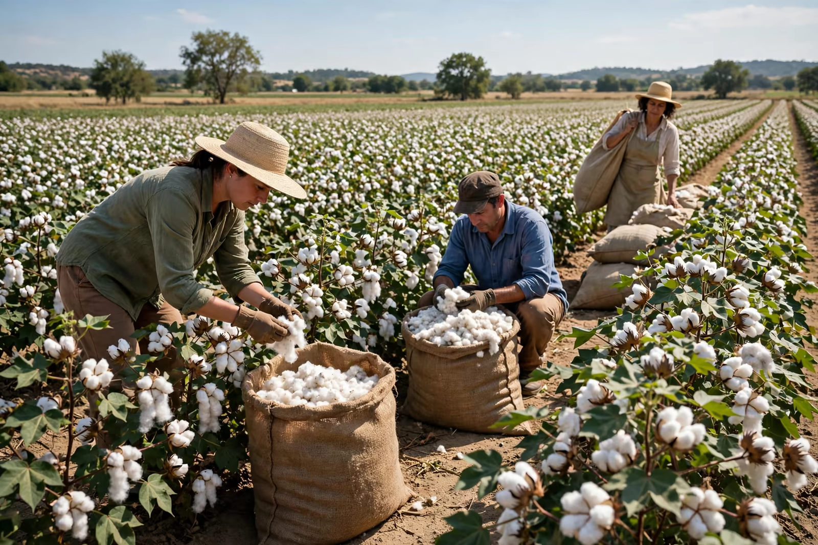 Organic cotton being harvested into bales