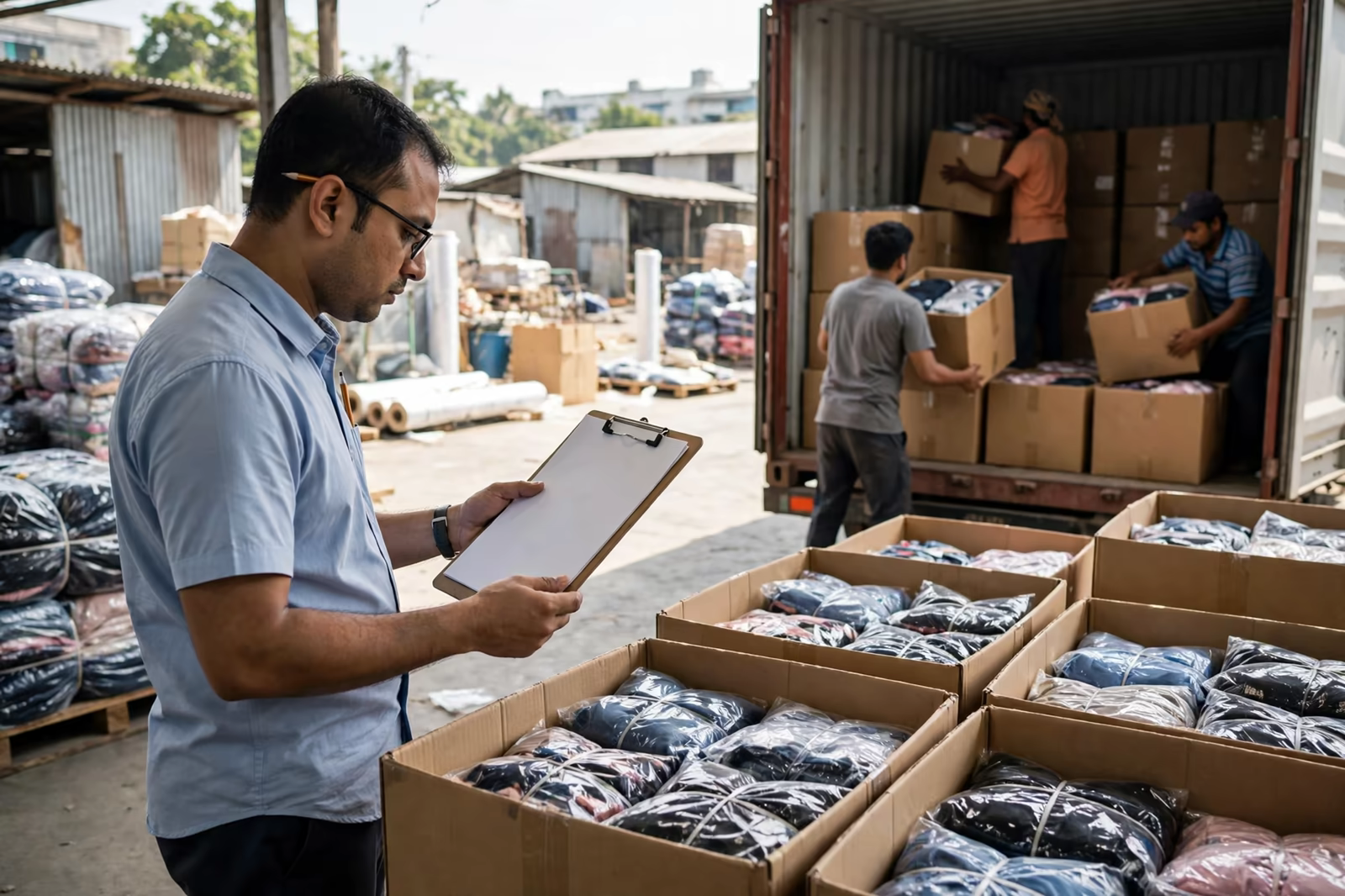 A packing list being checked against cartons during loading
