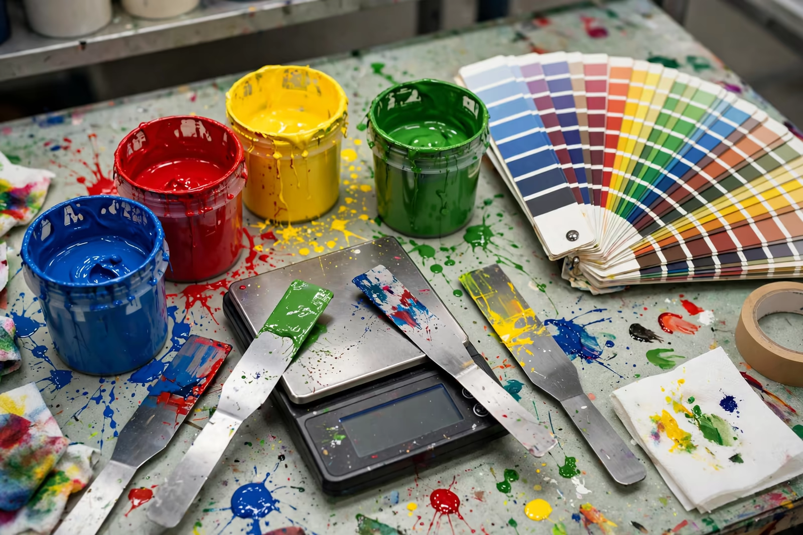 Pantone ink mixing station with colour pots and swatch fan from a manufacturer in Bangladesh