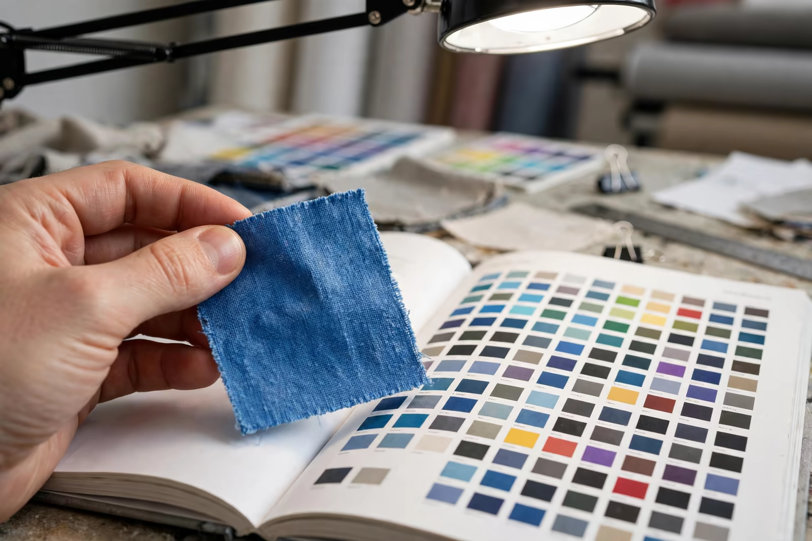 Printed fabric swatch matched against a Pantone book under a daylight lamp by a manufacturer in Bangladesh