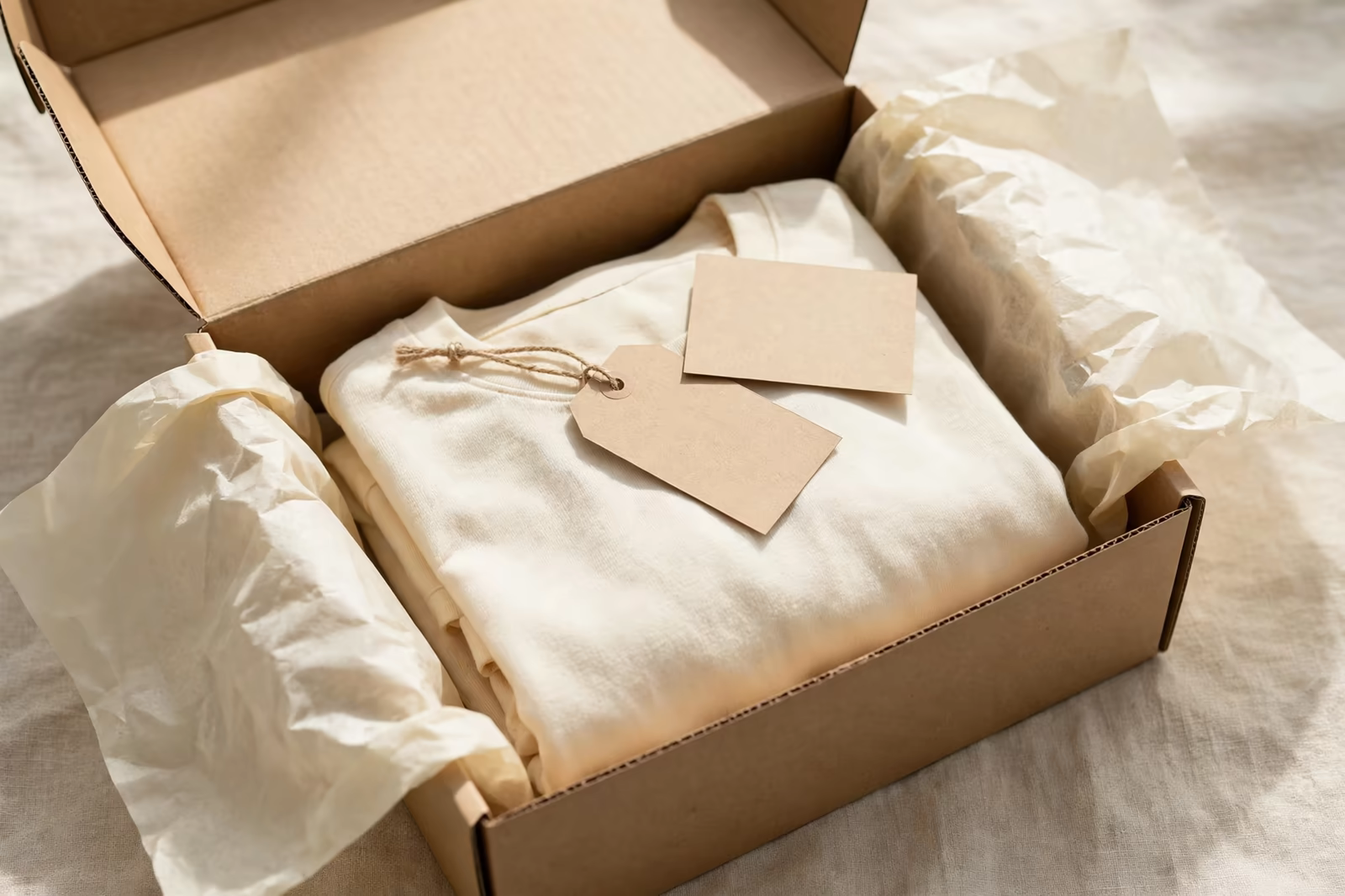 Open parcel with folded t-shirt and blank tag in Bangladesh