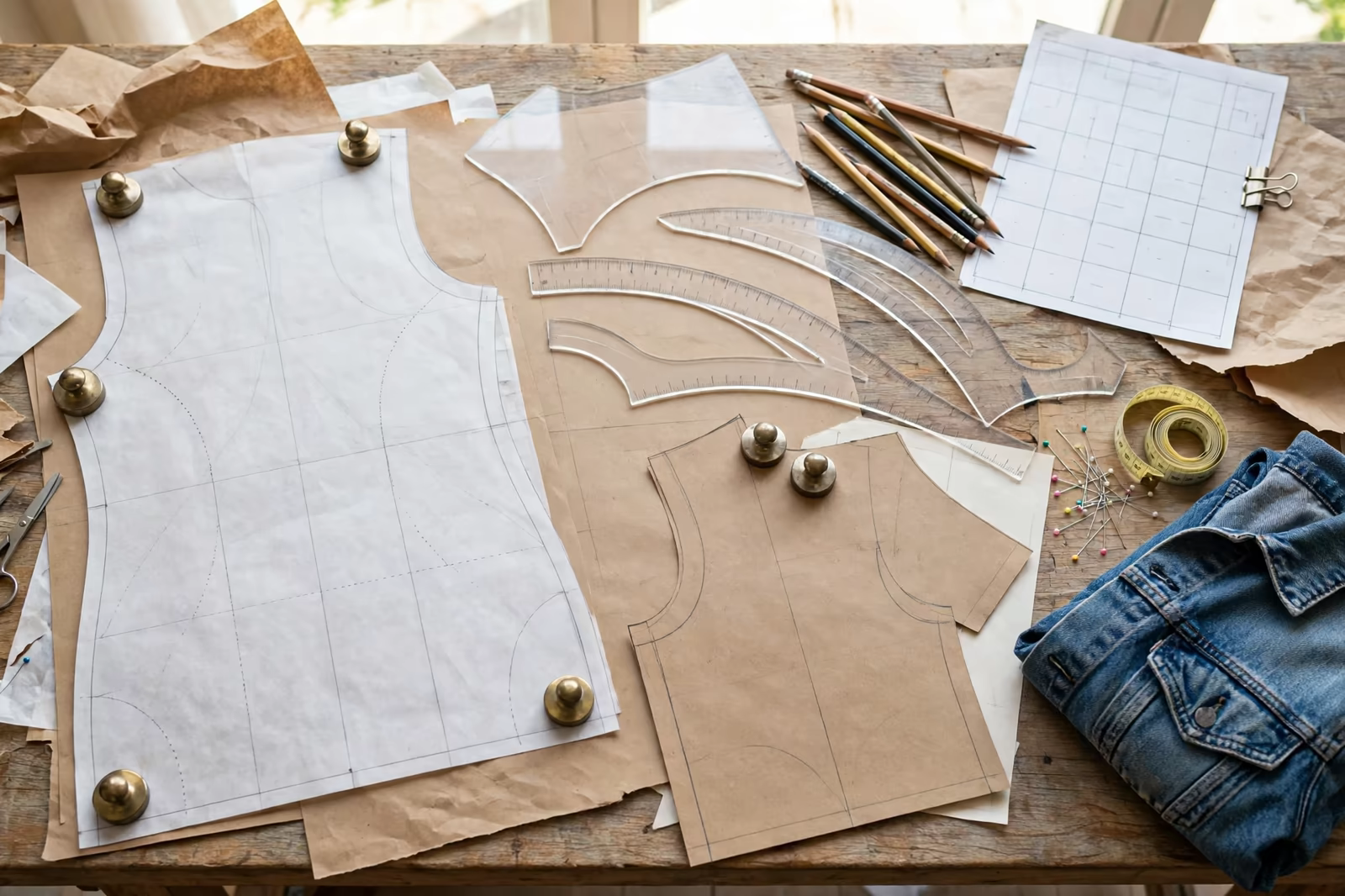 Pattern pieces drafted on a table in Bangladesh