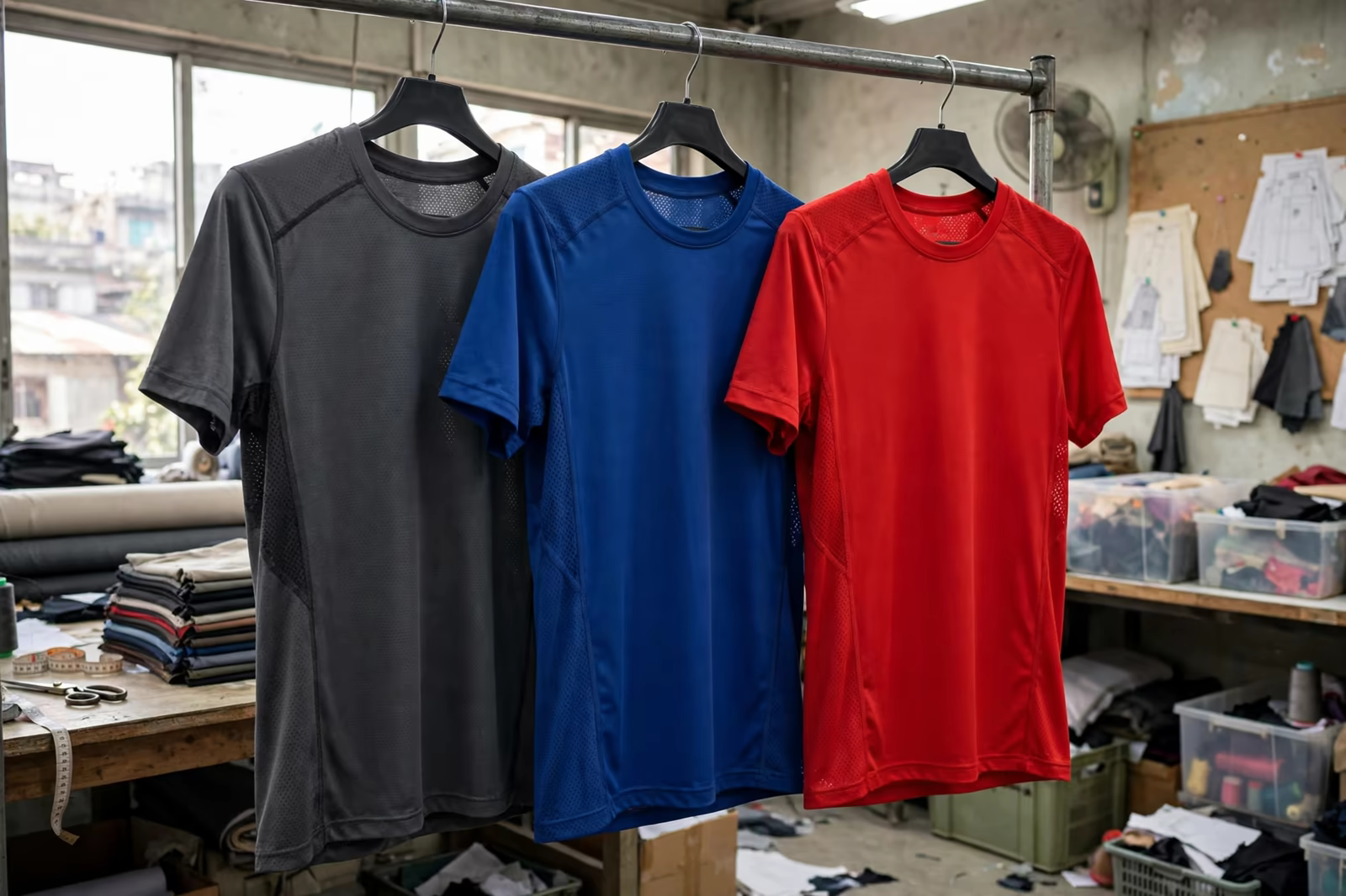 Performance training t-shirts in three colours on a sample rail