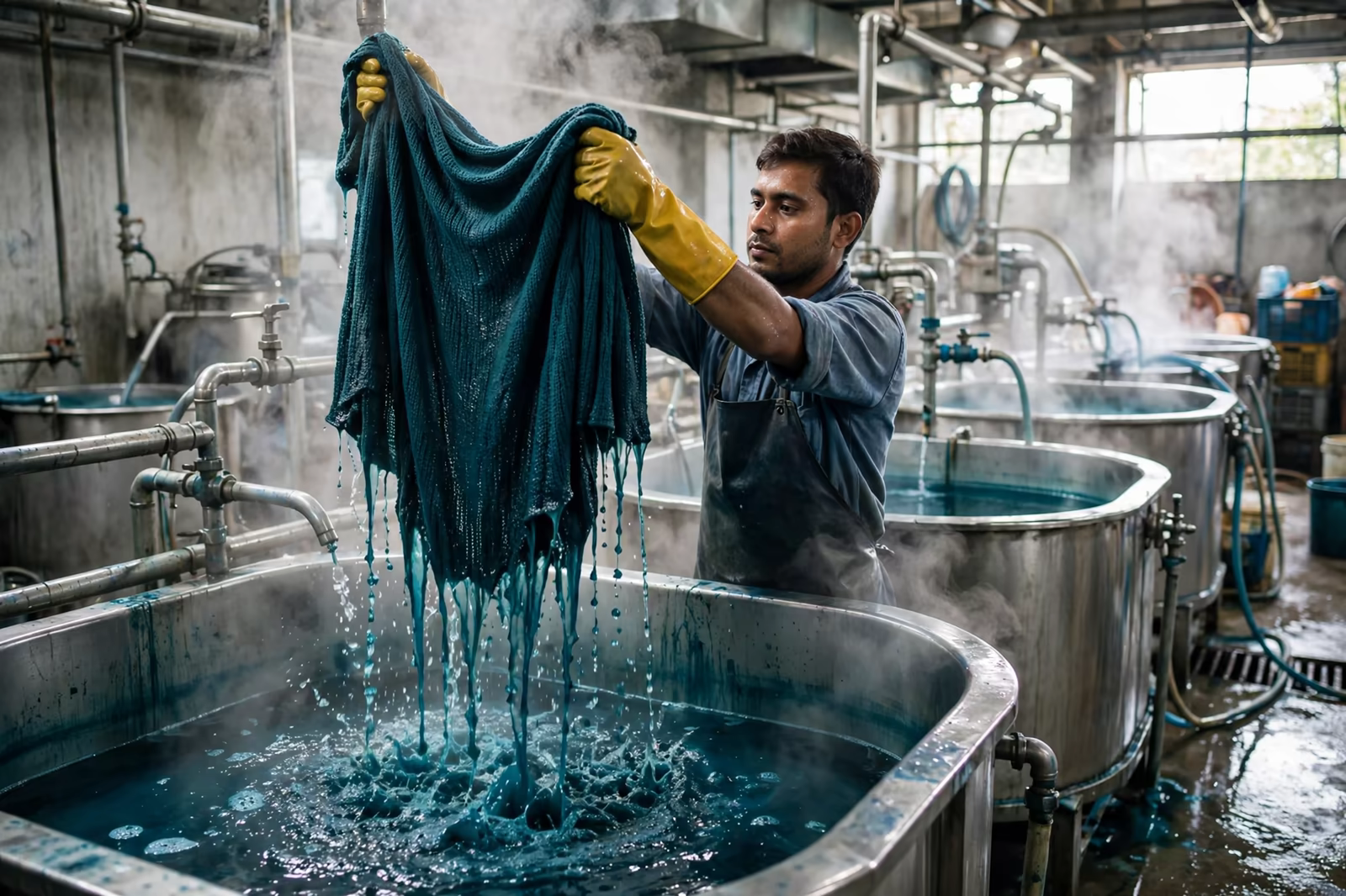 Fabric being piece dyed in a dye bath