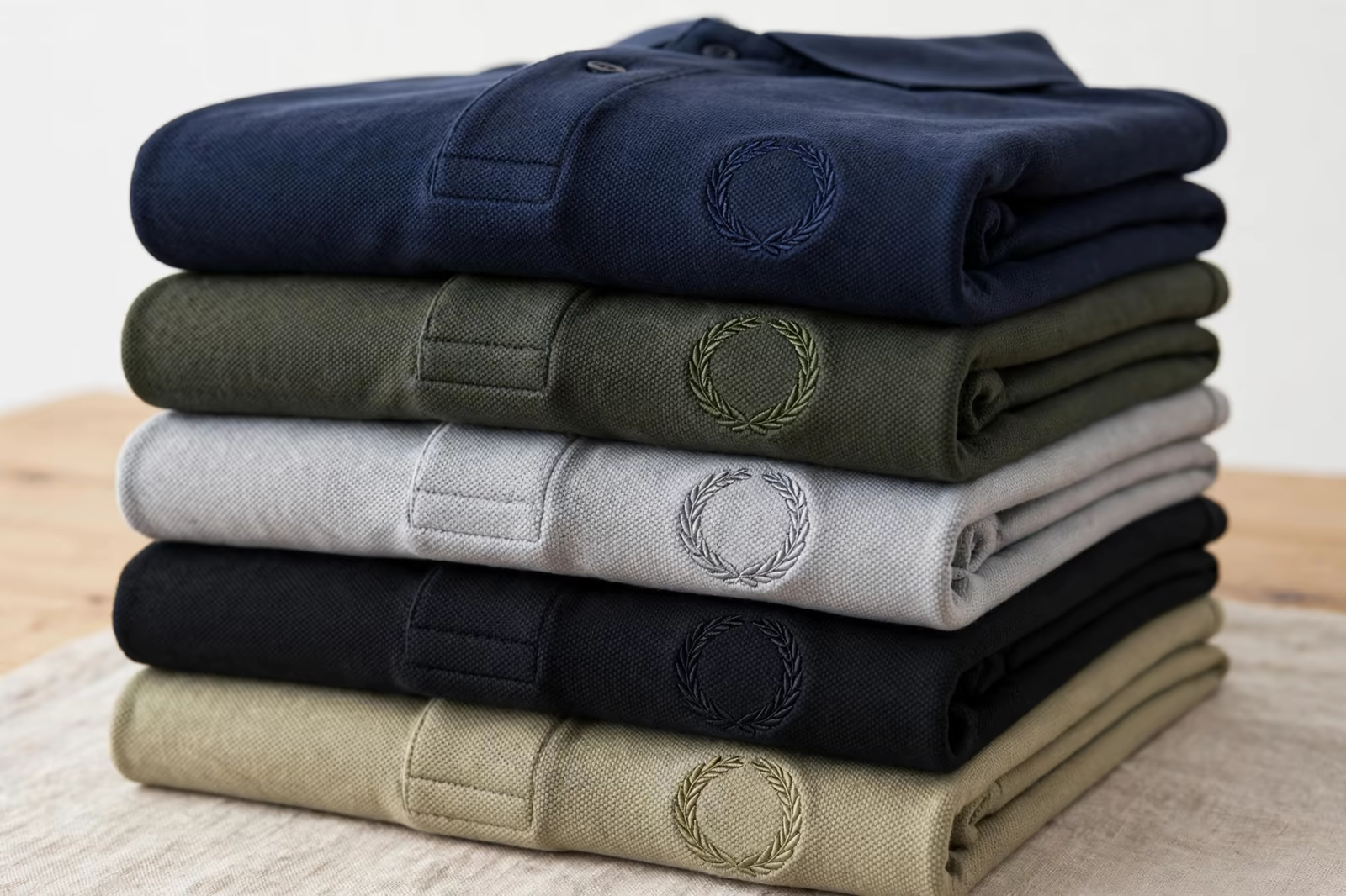 Folded polo shirts with tonal outline wreath embroidery stacked as a uniform programme, produced by a clothing manufacturer in Bangladesh