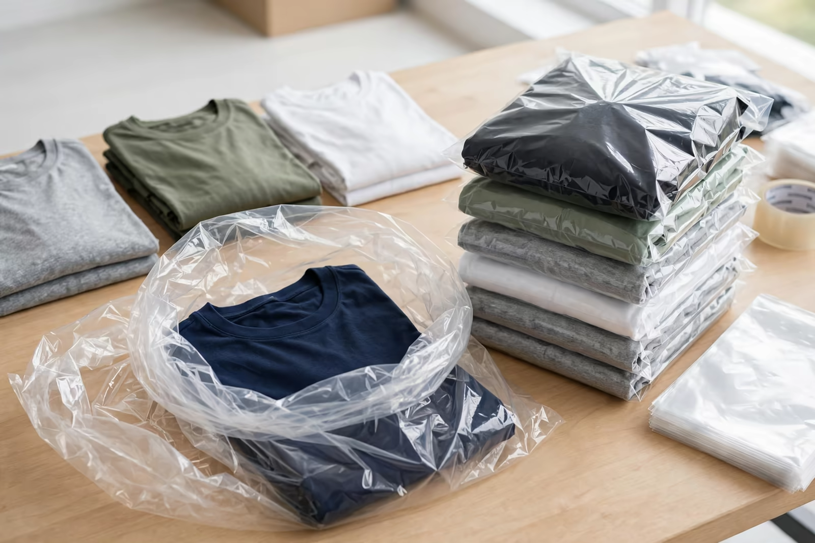 Folded garments packed into polybags in Bangladesh