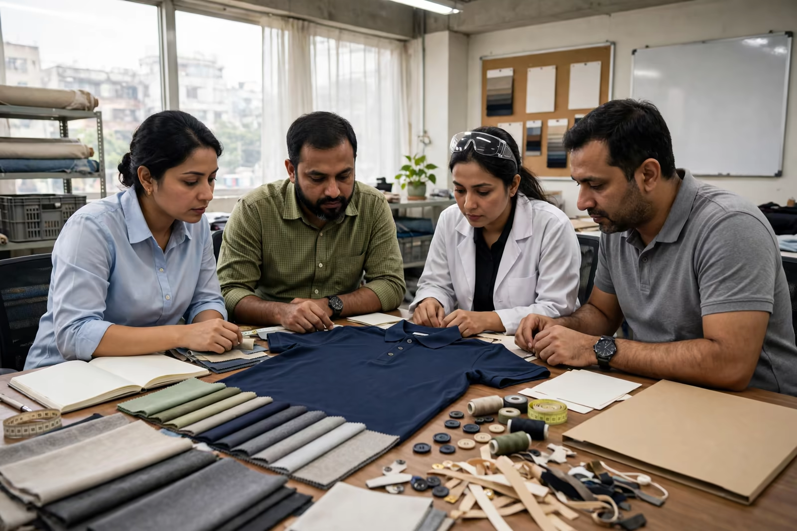 Production and quality teams reviewing an approved sample before bulk production in Bangladesh