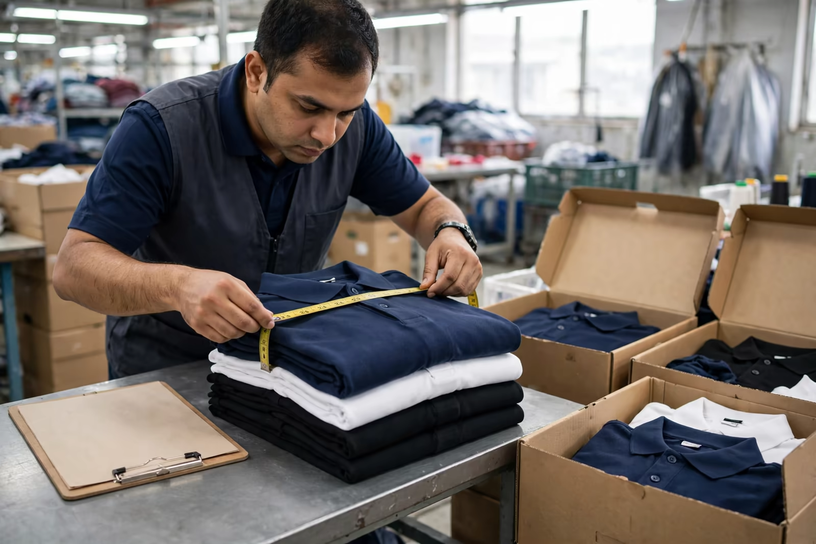 Pre-shipment inspection measuring folded polo shirts before export