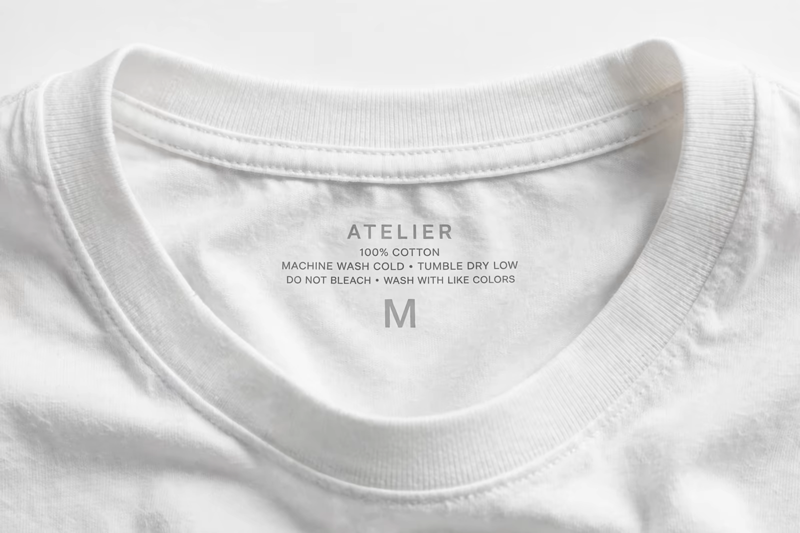 Printed tagless neck label closeup inside a t-shirt in Bangladesh