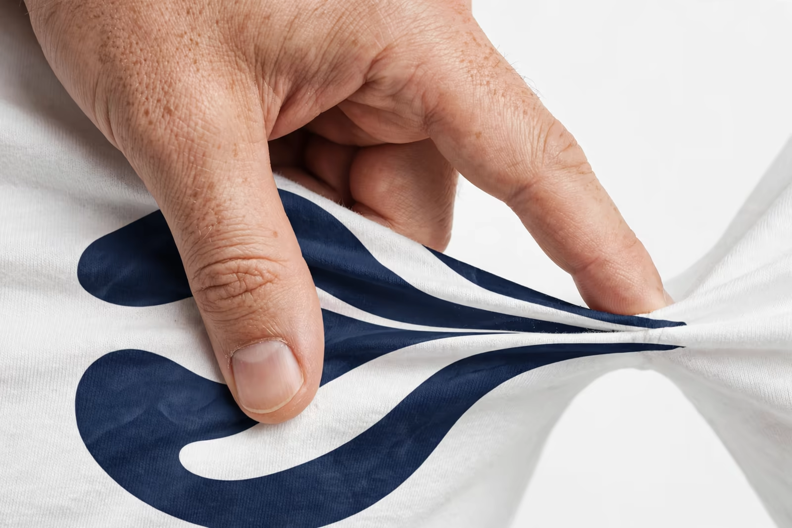 Hand stretching a printed t-shirt to test print flexibility from a manufacturer in Bangladesh
