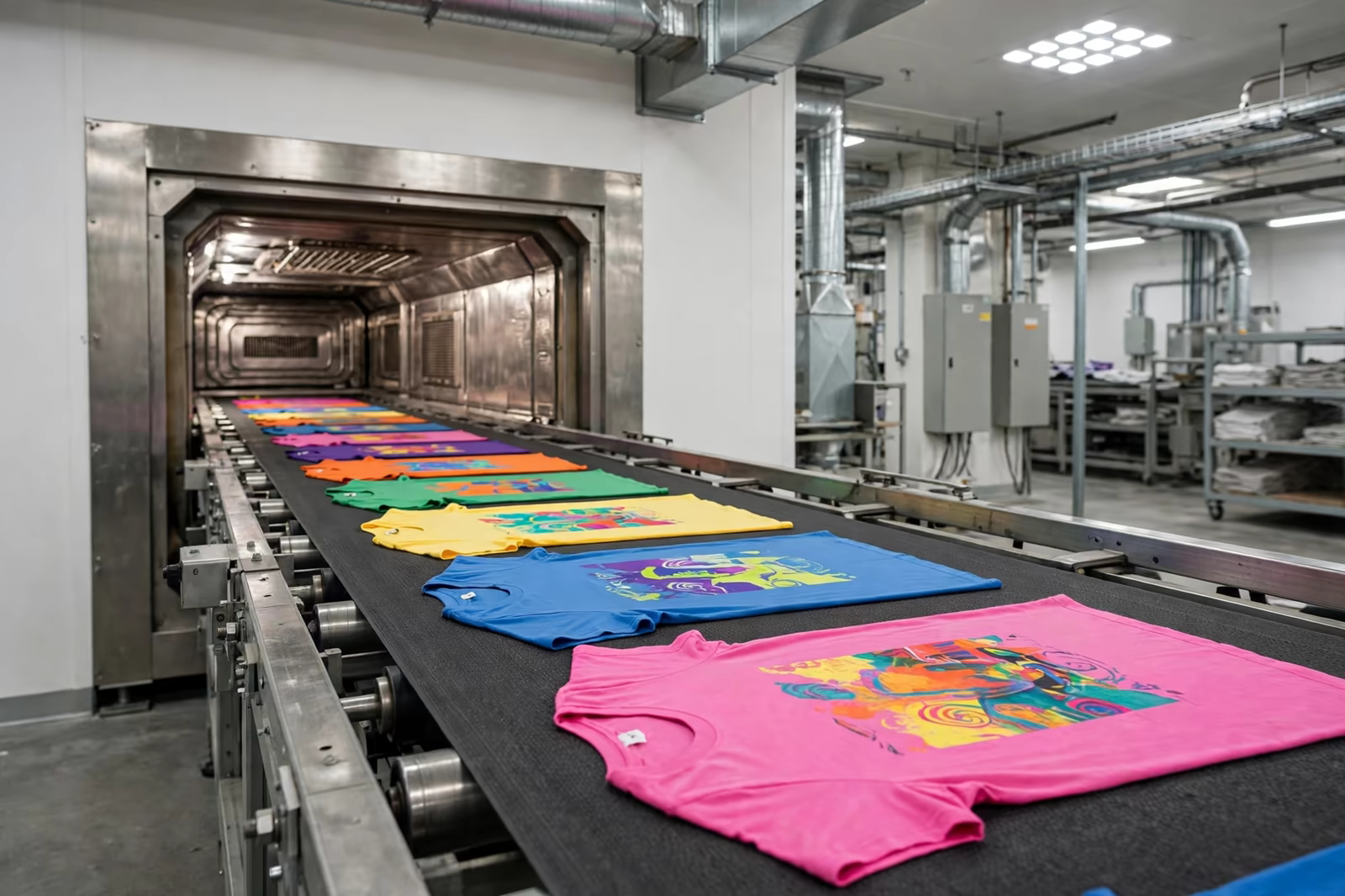 Printed t-shirts leaving a conveyor dryer inside a factory in Bangladesh