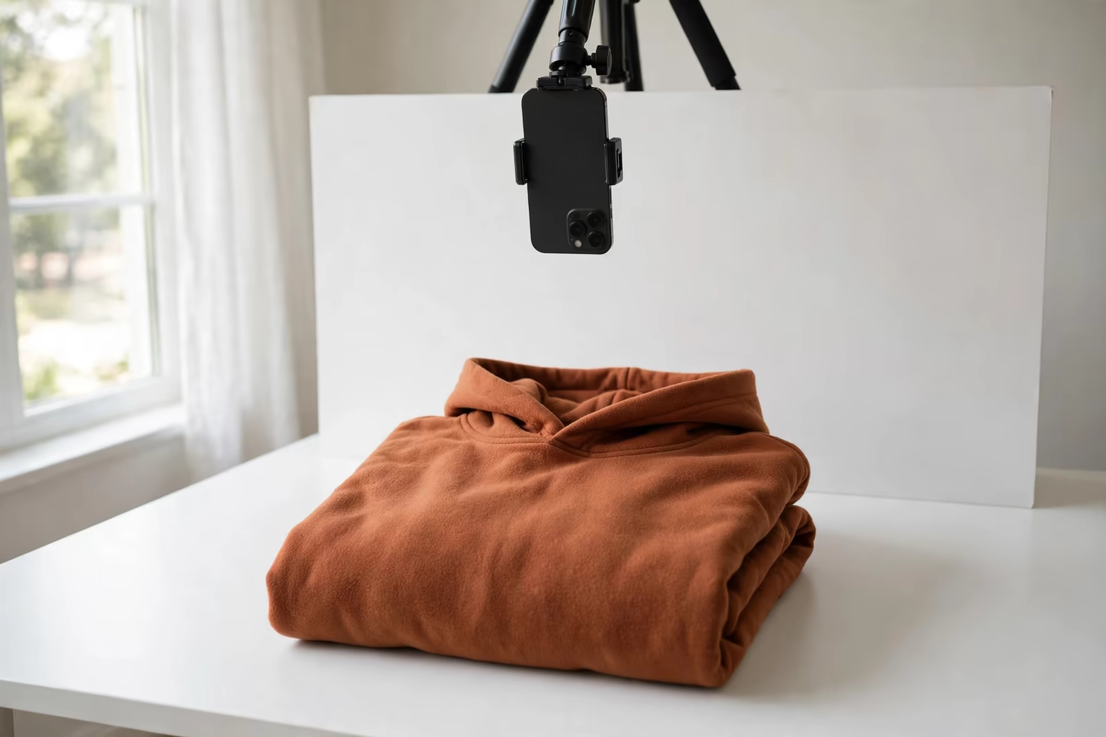 Folded hoodie photographed for a marketplace listing at a private label manufacturer in Bangladesh