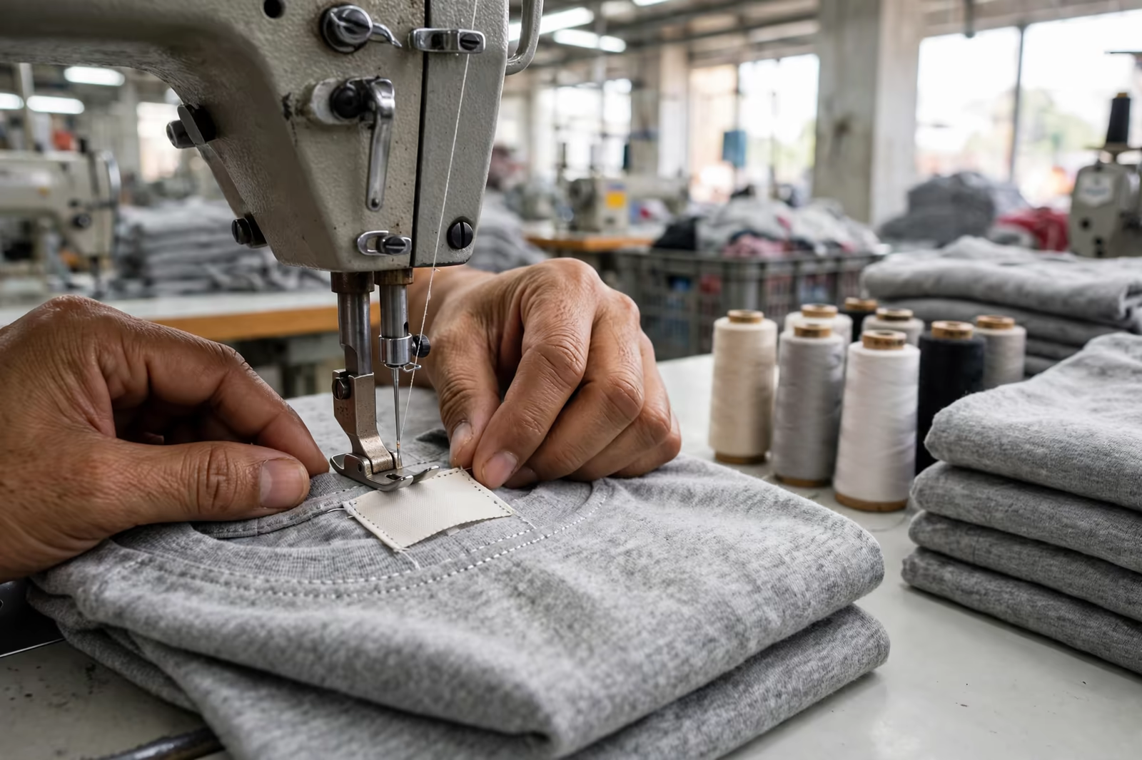 Woven brand label sewn into a t-shirt collar during private label production in Bangladesh