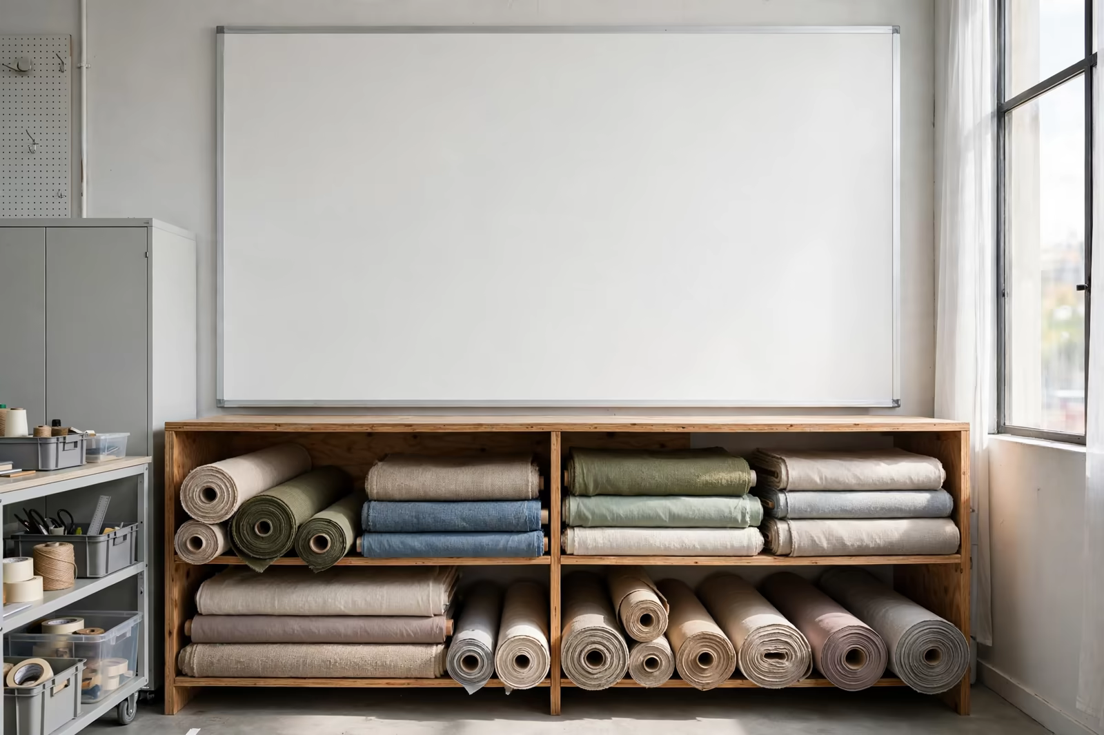 A blank planning board above shelves of fabric rolls in a factory office, produced by a clothing manufacturer in Bangladesh